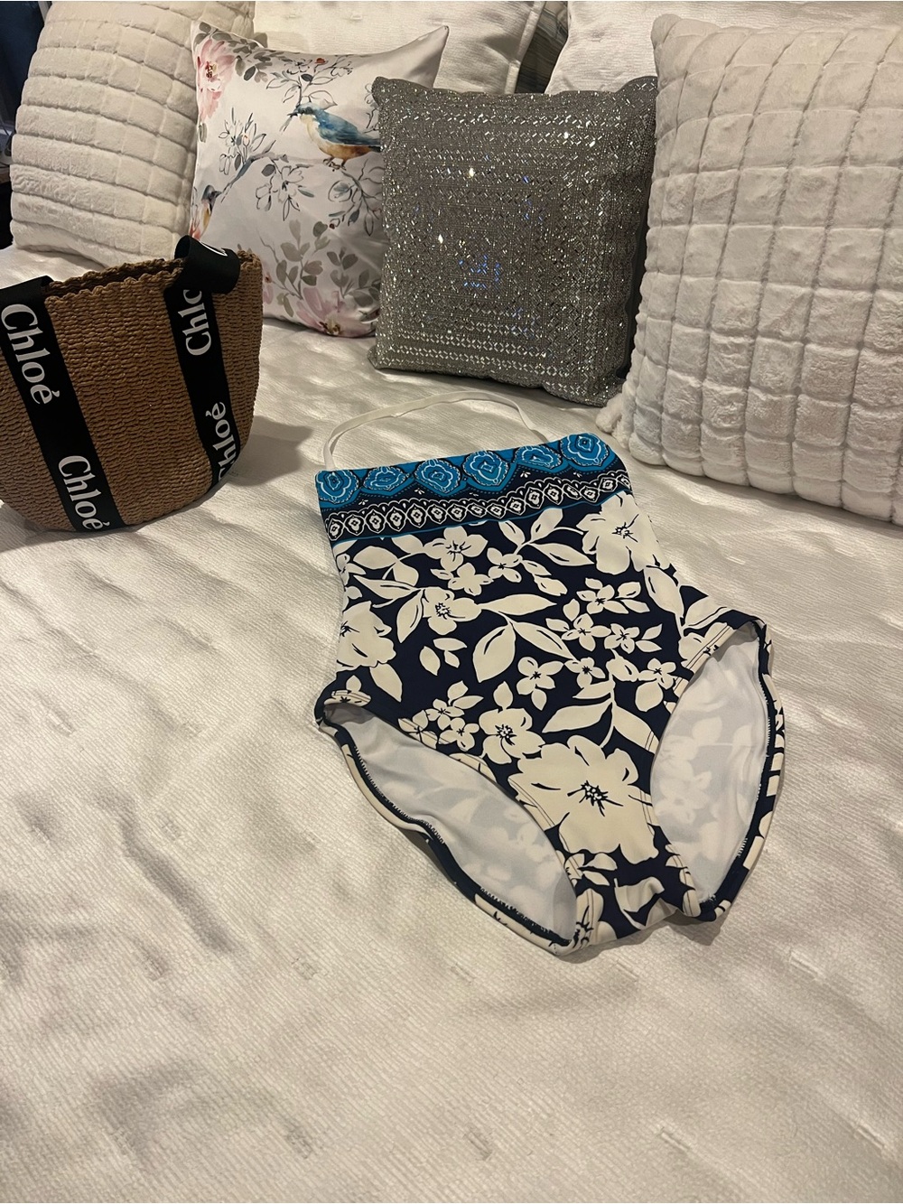 Liz Claiborne Navy & White Floral ladies one piece Bandeau Swim Suit